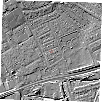 Shaded relief map of the ground around IG117TY, computed from Environment Agency LiDAR. The ground here sits at about 3 m above sea level and falls 14 m across the surrounding 800 m. Surface water reaching this point runs off ground lying to the north-north-west, 0.8 m higher.