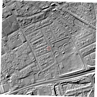Shaded relief map of the ground around IG117TZ, computed from Environment Agency LiDAR. The ground here sits at about 3 m above sea level and falls 16 m across the surrounding 800 m. Surface water reaching this point runs off ground lying to the north-north-west, 3.3 m higher.