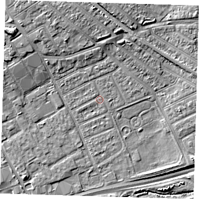 Shaded relief map of the ground around IG117UA, computed from Environment Agency LiDAR. The ground here sits at about 3 m above sea level and falls 16 m across the surrounding 800 m. Surface water reaching this point runs off ground lying to the north, 2.7 m higher.
