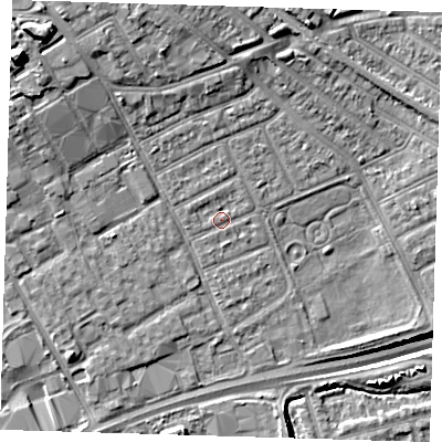 Shaded relief map of the ground around IG117UB, computed from Environment Agency LiDAR. The ground here sits at about 3 m above sea level and falls 16 m across the surrounding 800 m. Surface water reaching this point runs off ground lying to the west-north-west, 0.8 m higher.