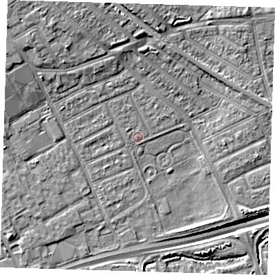 Shaded relief map of the ground around IG117UD, computed from Environment Agency LiDAR. The ground here sits at about 3 m above sea level and falls 13 m across the surrounding 800 m. Surface water reaching this point runs off ground lying to the north-north-west, 1.4 m higher.