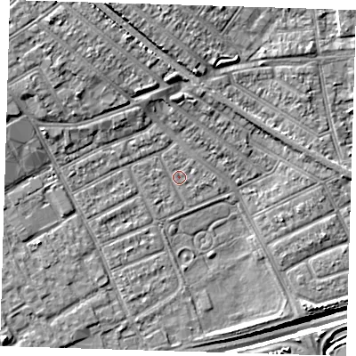 Shaded relief map of the ground around IG117UE, computed from Environment Agency LiDAR. The ground here sits at about 3 m above sea level and falls 14 m across the surrounding 800 m. Surface water reaching this point runs off ground lying to the north, 0.6 m higher.