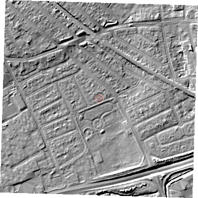Shaded relief map of the ground around IG117UF, computed from Environment Agency LiDAR. The ground here sits at about 3 m above sea level and falls 14 m across the surrounding 800 m. Surface water reaching this point runs off ground lying to the north, 0.6 m higher.