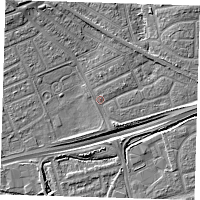 Shaded relief map of the ground around IG117UG, computed from Environment Agency LiDAR. The ground here sits at about 2 m above sea level and falls 12 m across the surrounding 800 m. Surface water reaching this point runs off ground lying to the north-east, 1.0 m higher.