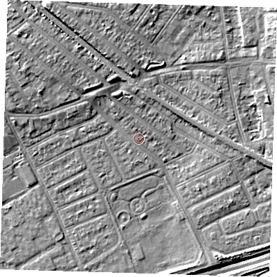 Shaded relief map of the ground around IG117UH, computed from Environment Agency LiDAR. The ground here sits at about 3 m above sea level and falls 14 m across the surrounding 800 m. Surface water reaching this point runs off ground lying to the north-west, 2.9 m higher.
