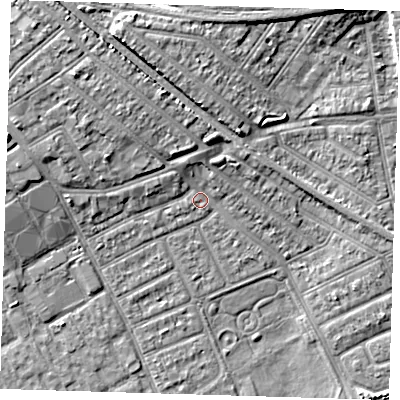 Shaded relief map of the ground around IG117UN, computed from Environment Agency LiDAR. The ground here sits at about 4 m above sea level and falls 9 m across the surrounding 800 m. Surface water reaching this point runs off ground lying to the north-north-west, 2.5 m higher.