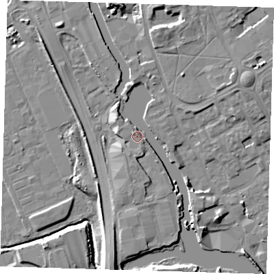 Shaded relief map of the ground around IG117US, computed from Environment Agency LiDAR. The ground here sits at about 6 m above sea level and falls 10 m across the surrounding 800 m. Surface water reaching this point runs off ground lying to the south, 3.3 m higher.