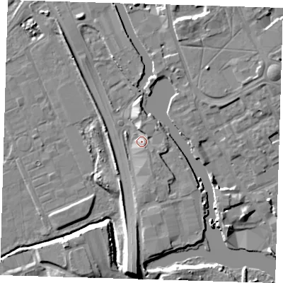 Shaded relief map of the ground around IG117UZ, computed from Environment Agency LiDAR. The ground here sits at about 5 m above sea level and falls 10 m across the surrounding 800 m. Surface water reaching this point runs off ground lying to the south-east, 3.3 m higher.