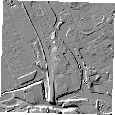 Shaded relief map of the ground around IG117WY, computed from Environment Agency LiDAR. The ground here sits at about 6 m above sea level and falls 13 m across the surrounding 800 m. Surface water reaching this point runs off ground lying to the south-south-east, 1.2 m higher.