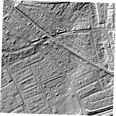 Shaded relief map of the ground around IG117XF, computed from Environment Agency LiDAR. The ground here sits at about 3 m above sea level and falls 14 m across the surrounding 800 m. Surface water reaching this point runs off ground lying to the north-west, 2.7 m higher.