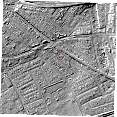 Shaded relief map of the ground around IG117XG, computed from Environment Agency LiDAR. The ground here sits at about 4 m above sea level and falls 11 m across the surrounding 800 m. Surface water reaching this point runs off ground lying to the north-west, 2.5 m higher.