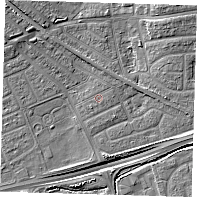 Shaded relief map of the ground around IG117XH, computed from Environment Agency LiDAR. The ground here sits at about 3 m above sea level and falls 13 m across the surrounding 800 m. Surface water reaching this point runs off ground lying to the south-south-east, 0.8 m higher.
