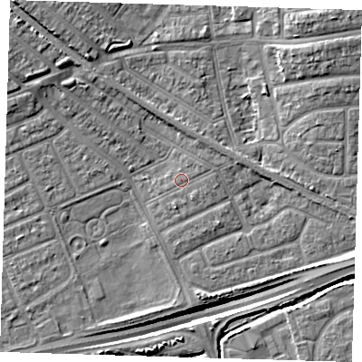 Shaded relief map of the ground around IG117XJ, computed from Environment Agency LiDAR. The ground here sits at about 3 m above sea level and falls 13 m across the surrounding 800 m. Surface water reaching this point runs off ground lying to the south-east, 0.8 m higher.