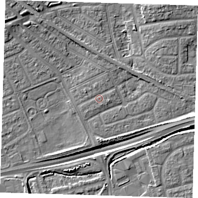 Shaded relief map of the ground around IG117XL, computed from Environment Agency LiDAR. The ground here sits at about 3 m above sea level and falls 12 m across the surrounding 800 m. The ground contributing surface water to this point lies to the south-east.