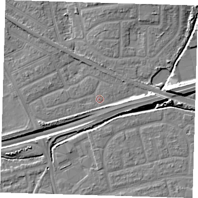 Shaded relief map of the ground around IG117XP, computed from Environment Agency LiDAR. The ground here sits at about 2 m above sea level and falls 14 m across the surrounding 800 m. Surface water reaching this point runs off ground lying to the east, 6.9 m higher.