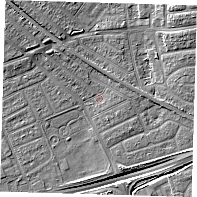 Shaded relief map of the ground around IG117XQ, computed from Environment Agency LiDAR. The ground here sits at about 2 m above sea level and falls 13 m across the surrounding 800 m. Surface water reaching this point runs off ground lying to the north-west, 6.8 m higher.