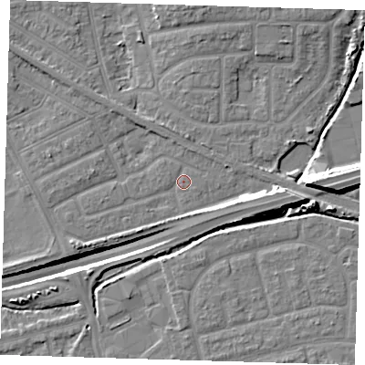 Shaded relief map of the ground around IG117XR, computed from Environment Agency LiDAR. The ground here sits at about 2 m above sea level and falls 14 m across the surrounding 800 m. Surface water reaching this point runs off ground lying to the east, 6.9 m higher.