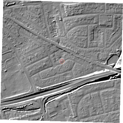 Shaded relief map of the ground around IG117XS, computed from Environment Agency LiDAR. The ground here sits at about 2 m above sea level and falls 14 m across the surrounding 800 m. Surface water reaching this point runs off ground lying to the south-west, 1.4 m higher.