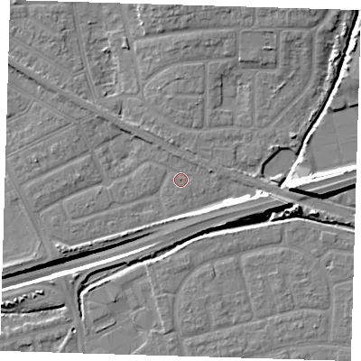 Shaded relief map of the ground around IG117XT, computed from Environment Agency LiDAR. The ground here sits at about 2 m above sea level and falls 14 m across the surrounding 800 m. Surface water reaching this point runs off ground lying to the east, 6.9 m higher.