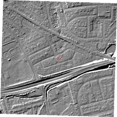 Shaded relief map of the ground around IG117XU, computed from Environment Agency LiDAR. The ground here sits at about 2 m above sea level and falls 14 m across the surrounding 800 m. Surface water reaching this point runs off ground lying to the east, 7.4 m higher.