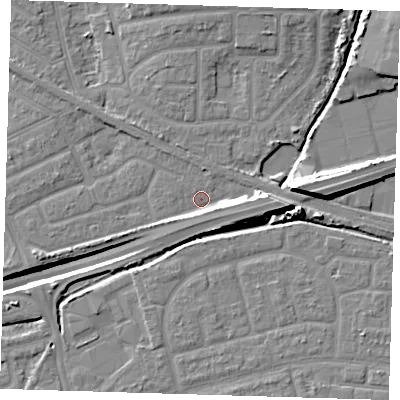 Shaded relief map of the ground around IG117XW, computed from Environment Agency LiDAR. The ground here sits at about 2 m above sea level and falls 14 m across the surrounding 800 m. Surface water reaching this point runs off ground lying to the east, 6.8 m higher.