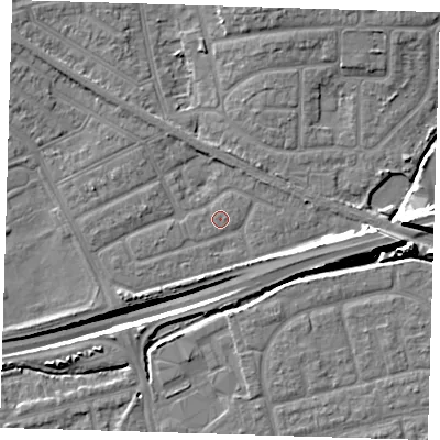 Shaded relief map of the ground around IG117XX, computed from Environment Agency LiDAR. The ground here sits at about 2 m above sea level and falls 14 m across the surrounding 800 m. Surface water reaching this point runs off ground lying to the east, 7.4 m higher.