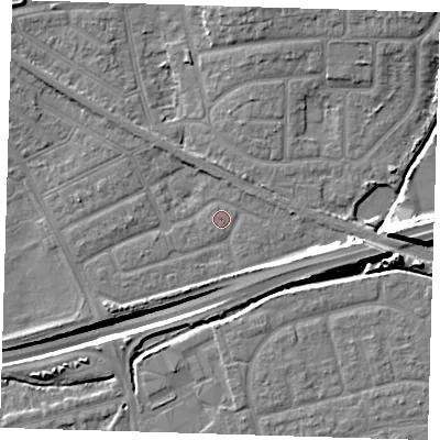 Shaded relief map of the ground around IG117XY, computed from Environment Agency LiDAR. The ground here sits at about 2 m above sea level and falls 14 m across the surrounding 800 m. Surface water reaching this point runs off ground lying to the east, 7.4 m higher.