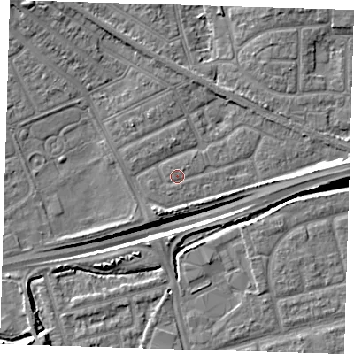 Shaded relief map of the ground around IG117XZ, computed from Environment Agency LiDAR. The ground here sits at about 2 m above sea level and falls 13 m across the surrounding 800 m. Surface water reaching this point runs off ground lying to the east, 7.0 m higher.