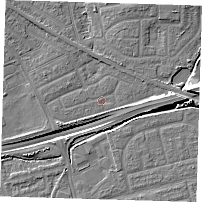 Shaded relief map of the ground around IG117YA, computed from Environment Agency LiDAR. The ground here sits at about 2 m above sea level and falls 14 m across the surrounding 800 m. Surface water reaching this point runs off ground lying to the east, 6.9 m higher.