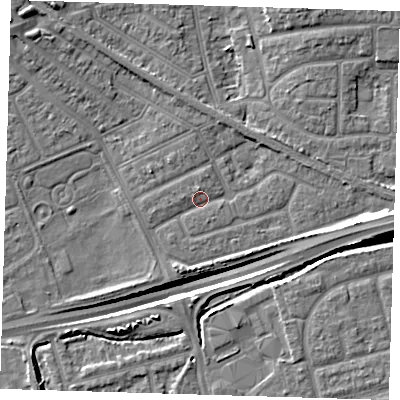 Shaded relief map of the ground around IG117YD, computed from Environment Agency LiDAR. The ground here sits at about 2 m above sea level and falls 13 m across the surrounding 800 m. Surface water reaching this point runs off ground lying to the east, 6.9 m higher.