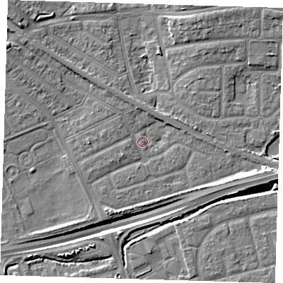Shaded relief map of the ground around IG117YE, computed from Environment Agency LiDAR. The ground here sits at about 2 m above sea level and falls 14 m across the surrounding 800 m. Surface water reaching this point runs off ground lying to the west-south-west, 2.0 m higher.