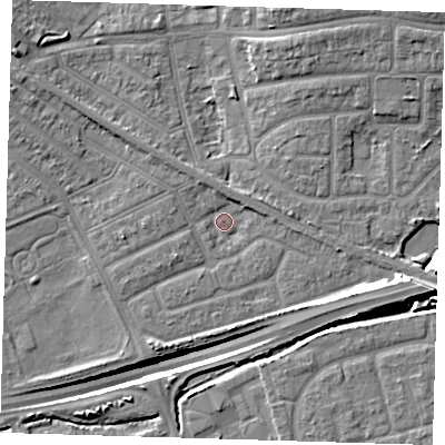 Shaded relief map of the ground around IG117YF, computed from Environment Agency LiDAR. The ground here sits at about 2 m above sea level and falls 14 m across the surrounding 800 m. Surface water reaching this point runs off ground lying to the south-west, 2.3 m higher.
