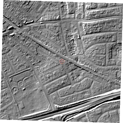 Shaded relief map of the ground around IG117YG, computed from Environment Agency LiDAR. The ground here sits at about 3 m above sea level and falls 12 m across the surrounding 800 m. Surface water reaching this point runs off ground lying to the north-north-west, 0.8 m higher.