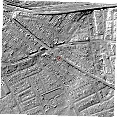 Shaded relief map of the ground around IG117YH, computed from Environment Agency LiDAR. The ground here sits at about 4 m above sea level and falls 8 m across the surrounding 800 m. Surface water reaching this point runs off ground lying to the north-west, 5.4 m higher.