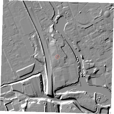 Shaded relief map of the ground around IG117YJ, computed from Environment Agency LiDAR. The ground here sits at about 6 m above sea level and falls 14 m across the surrounding 800 m. Surface water reaching this point runs off ground lying to the north-north-east, 0.9 m higher.