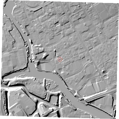 Shaded relief map of the ground around IG117YN, computed from Environment Agency LiDAR. The ground here sits at about 3 m above sea level and falls 11 m across the surrounding 800 m. Surface water reaching this point runs off ground lying to the north-east, 1.7 m higher.