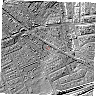 Shaded relief map of the ground around IG117YQ, computed from Environment Agency LiDAR. The ground here sits at about 2 m above sea level and falls 13 m across the surrounding 800 m. Surface water reaching this point runs off ground lying to the north-west, 6.2 m higher.