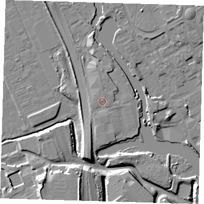 Shaded relief map of the ground around IG117YS, computed from Environment Agency LiDAR. The ground here sits at about 6 m above sea level and falls 14 m across the surrounding 800 m. Surface water reaching this point runs off ground lying to the south, 1.1 m higher.