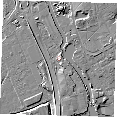 Shaded relief map of the ground around IG117ZA, computed from Environment Agency LiDAR. The ground here sits at about 4 m above sea level and falls 9 m across the surrounding 800 m. Surface water reaching this point runs off ground lying to the south-east, 3.9 m higher.