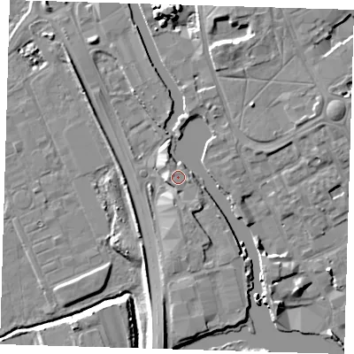 Shaded relief map of the ground around IG117ZG, computed from Environment Agency LiDAR. The ground here sits at about 6 m above sea level and falls 10 m across the surrounding 800 m. Surface water reaching this point runs off ground lying to the west, 1.0 m higher.