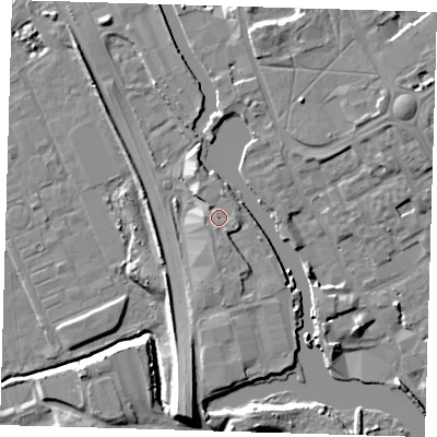 Shaded relief map of the ground around IG117ZH, computed from Environment Agency LiDAR. The ground here sits at about 6 m above sea level and falls 10 m across the surrounding 800 m. Surface water reaching this point runs off ground lying to the east-south-east, 1.7 m higher.