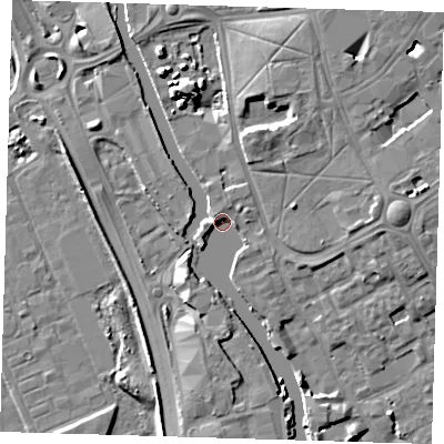Shaded relief map of the ground around IG117ZJ, computed from Environment Agency LiDAR. The ground here sits at about 4 m above sea level and falls 8 m across the surrounding 800 m. Surface water reaching this point runs off ground lying to the south-south-west, 3.3 m higher.