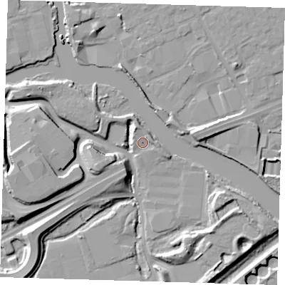Shaded relief map of the ground around IG117ZL, computed from Environment Agency LiDAR. The ground here sits at about 4 m above sea level and falls 12 m across the surrounding 800 m. Surface water reaching this point runs off ground lying to the north-north-west, 2.8 m higher.