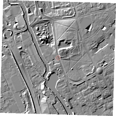 Shaded relief map of the ground around IG117ZN, computed from Environment Agency LiDAR. The ground here sits at about 5 m above sea level and falls 8 m across the surrounding 800 m. Surface water reaching this point runs off ground lying to the north-north-west, 1.9 m higher.