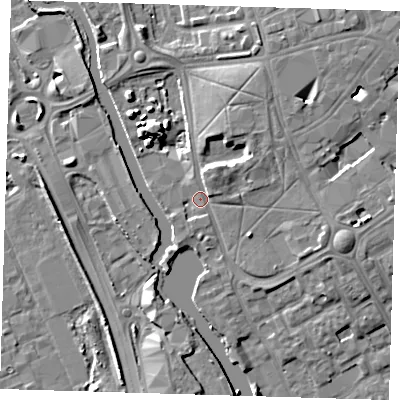 Shaded relief map of the ground around IG117ZP, computed from Environment Agency LiDAR. The ground here sits at about 5 m above sea level and falls 8 m across the surrounding 800 m. Surface water reaching this point runs off ground lying to the north, 1.9 m higher.