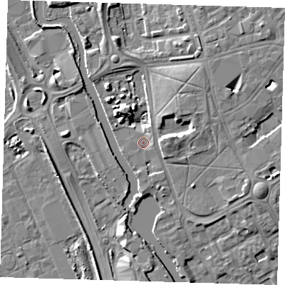 Shaded relief map of the ground around IG117ZQ, computed from Environment Agency LiDAR. The ground here sits at about 5 m above sea level and falls 8 m across the surrounding 800 m. Surface water reaching this point runs off ground lying to the east-south-east, 2.1 m higher.