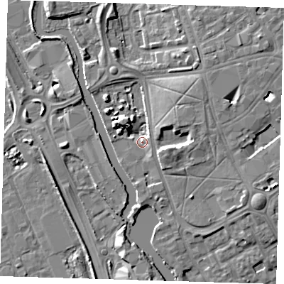 Shaded relief map of the ground around IG117ZR, computed from Environment Agency LiDAR. The ground here sits at about 5 m above sea level and falls 8 m across the surrounding 800 m. Surface water reaching this point runs off ground lying to the east-south-east, 1.4 m higher.