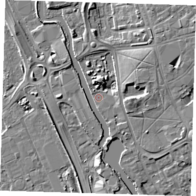 Shaded relief map of the ground around IG117ZS, computed from Environment Agency LiDAR. The ground here sits at about 4 m above sea level and falls 8 m across the surrounding 800 m. Surface water reaching this point runs off ground lying to the north-east, 6.3 m higher.