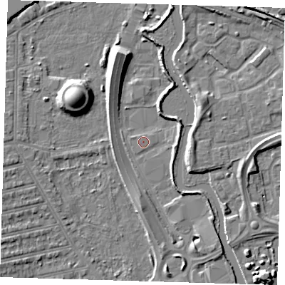 Shaded relief map of the ground around IG118AD, computed from Environment Agency LiDAR. The ground here sits at about 3 m above sea level and falls 11 m across the surrounding 800 m. Surface water reaching this point runs off ground lying to the south-south-east, 4.1 m higher.