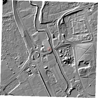 Shaded relief map of the ground around IG118BB, computed from Environment Agency LiDAR. The ground here sits at about 6 m above sea level and falls 9 m across the surrounding 800 m. Surface water reaching this point runs off ground lying to the east, 2.5 m higher.